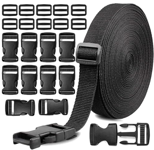 (1inch)10 yards Nylon Webbing Strap Band with 10 Sets of Flat Side Release Buckles and Tri-Glide Slides for DIY Making Luggage Strap and Backpack Repairing