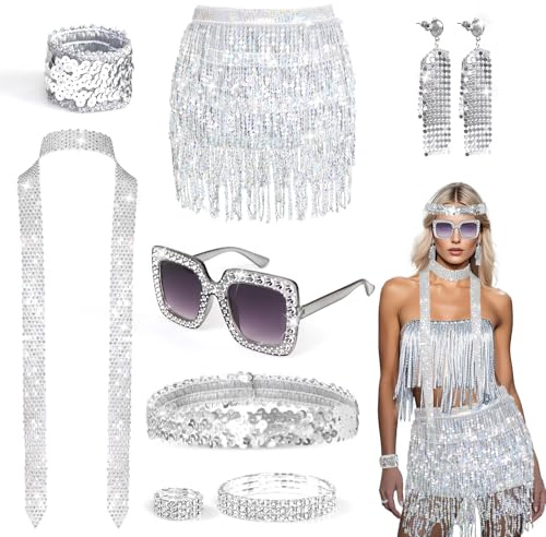 9 Stück Damen 60er 70er Jahre Glitzer Accessoires Disco Accessoires Kostüm mit Haarband Sonnenbrille Schal Ohrringe Armband Ring Pailletten Skirt Damen Glitzer Fasching Accessoires für Party Karneval