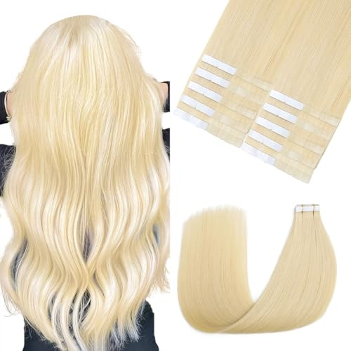 Sindra Extensiones de pelo humano con cinta adhesiva, pelo humano rubio platino, 20 unidades, 50 g, 35 cm, invisible, rubio sedoso, recto T#60 30 cm
