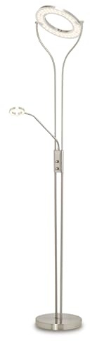 KHG LED-Deckenfluter 2-flammig Chrom Silbergrau Drehdimmer | Schwenkarm Metallgestell Acryllampenschirm runder Leuchtenfuß 3000K 1560 Lumen, vielseitig einsetzbar, für den Alltag