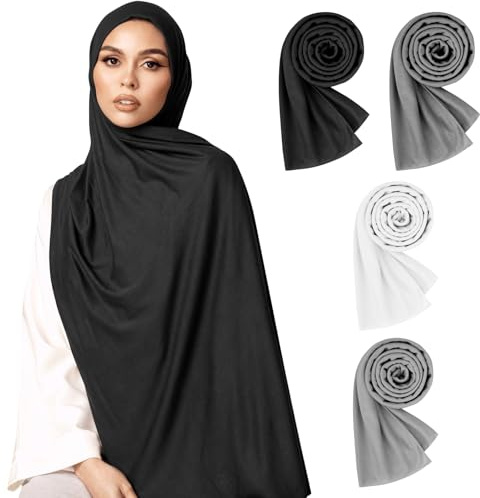 HQEUZ 6 pañuelos para la cabeza de Hijab para mujer, bufanda larga, gorro musulmán ligero, tejido de jersey suave, paño de hijab moderno, juego de pañuelos para mujer, Negro/blanco/gris oscuro/gris