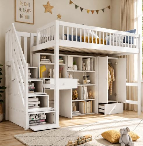 Kinderbett Etagenbett 90x200, Hochbett mit Kleiderschrank&Schreibtisch&Bücherregal&Schubladen&Treppe&Schließfächern, Holzbett Bettgestell mit Lattenrost, Funktionsbett Stockbett Jugendhochbett, Weiß