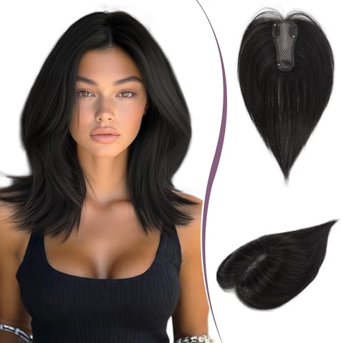 RUWISS Haar Toppers Echthaar für Damen Natürlich Schwarz Hair Topper Leichtes Clip in Haarteil für Frauen Glatter Hair Topper ohne Pony