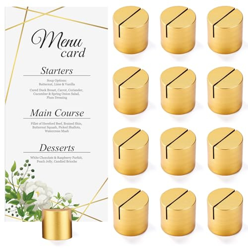 Affrolling 12 Pcs Gold Place Card Holders Wooden Table Number Holders Bulk Mini Cylinder Table Stand for Name Cards Photo Picture Menu Tag Display Wedding Birthday Party Banquet Restaurant