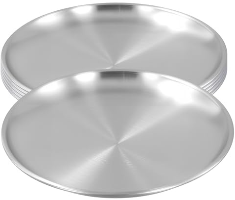 PINGEUI 6 st 26 cm middagstallrikar i rostfritt stål, runda middagstallrikar i metall, silver serveringsfat för camping och utomhusbruk