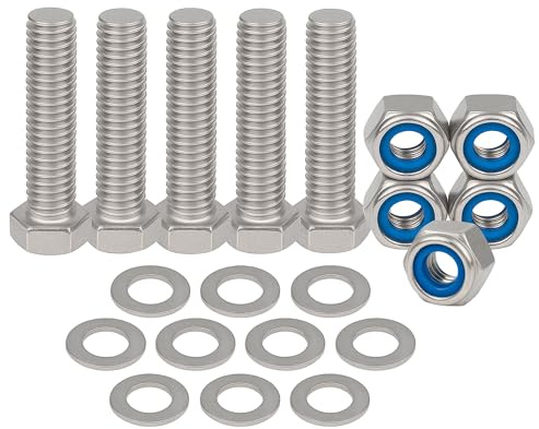 M10 x 50mm Hex Head Nuts and Bolts and Washers Set (5PK) A2 Stainless Steel, Fully Threaded Hex Head Cap Screws For Construction, Automotive, Machinery
