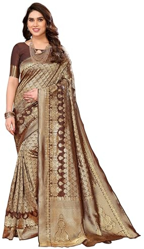 IMTRA FASHION Indian Women'S Banarasi Jacquard Woven Saree With Unstitched Blouse Piece-Brown