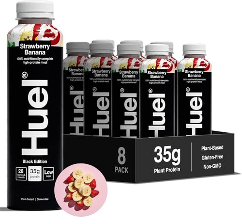 Huel Black Edition Drink Erdbeer-Bananen, proteinreiche Trinkmahlzeit für unterwegs - 12 x 500 ml - 35 g Protein, Reich an Vitamin D, gesunden Fettsäuren & Kalzium, Plant-based, 3 € Pfand