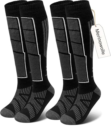 Vebroert Calcetines de Esquí Lana Merino - 2 Pares Hombre Mujer Calcetines Térmicos Invierno Frío Extremo Montaña Regalo Navidad Negro EU 39-42