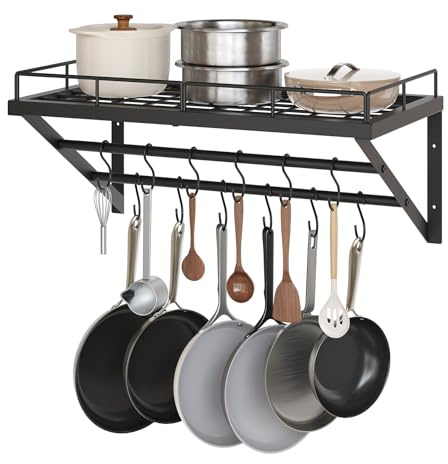 YATINEY Wall Mount Pot Pan Rack, Saucepan Storage, 2-Tier Kitchen Shelves Wall Mounted with 12 S-Hooks, Heavy Duty Metal Grid for Wall Storage, Space Saving for Kitchen, Bathroom, Black XPR01BK
