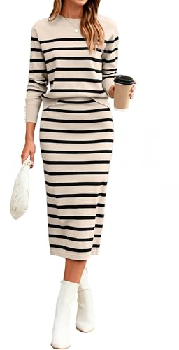 Glamaker 2-teiliges Rock-Set für Damen, Herbstmode, gestreift, lässig, Pullover, Kleid, Strick, Lounge, Reisen, Outfits, Wintertuch, Beige / Schwarz, M