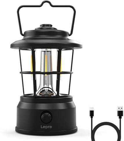 Lepro Rechargeable Camping Lantern, 300LM Retro Camping Tent Light with Knob Control, Dimmable Warm & Cool White, Type-C Charging, 3600mAh Portable Hanging Lamp for Power Cuts, Garden, Fishing, Black