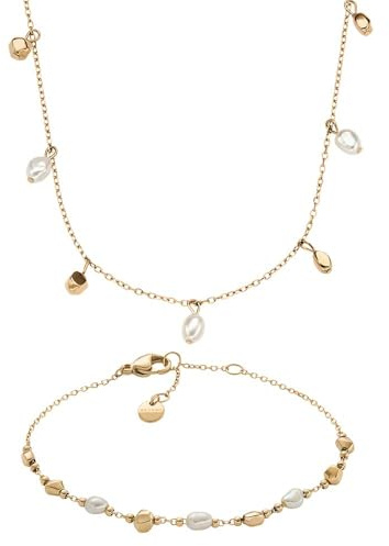 Skagen Damen Agnethe Perle Goldfarbener Edelstahl Halskette und Armband, Set
