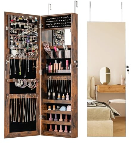 Multigot Mirrored Jewelry Cabinet, Door Hanging or Wall Mounted Jewelry Armoire with Full Length & Interior Mirror, Lockable Makeup Storage Organizer for Bedroom Dressing Living Room (Rustic Brown)