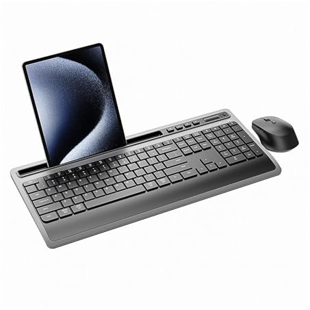 Goshyda Clavier sans Fil et Combo de Souris, Jeu de Souris de Clavier Ergonomique 2.4 G, avec Porte-Tablette de Téléphone, 4 clé de Contrôle Multimédia, pour Les Victoires pour OS X