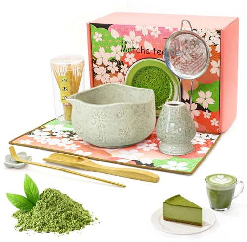 Forbabe 8-Teiliges Premium Matcha Set für Einsteiger und Geschenk - Grün | Matcha Starter Set mit Matcha Schale mit Ausgießer, Matcha Besen, Besenhalter, Matcha Löffel, Teelöffel, Sieb und Matte