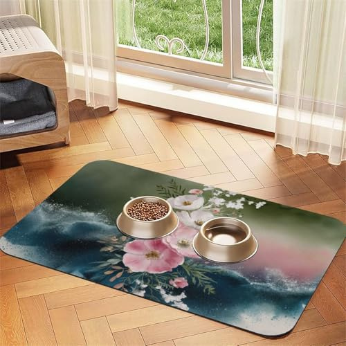 Watercolor Azalea Dog Food Mat for Floors Absorbent,Quick Dry Cat Pet Feeding Placemats with Non Slip Rubber for Dog Food and Water Bowl