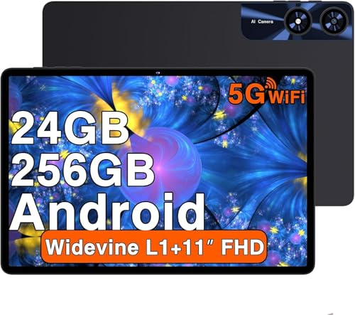 Tablet 11 Zoll Android mit 24GB RAM 256GB ROM TF 1TB, Octa-Core 2.0 GHz, 5G WiFi 6, Bluetooth 5.0, Widevine L1, 5MP+13MP, 8000mAh, 1280 * 800 IPS FHD, Gesichtserkennung, GPS, Tablet mit Case, Schwarz