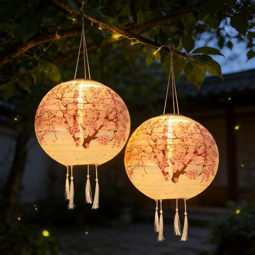 NAVESO 2 Stück Solar Lampions Außen Wetterfest, 30cm Lampions LED Solar mit Quasten, SolarLampions Outdoor, Solarlampen Lampions, Gartenlaterne Hängend, Solar Beleuchtung Laterne, Balkon Deko