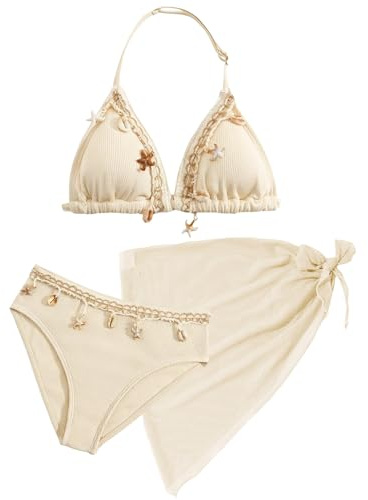 SEAUR Flicka Set Bikini med Stickad Kjol 3-delar Baddräkt Mode Shell Halter Bikini Set Barn Sommar Strand Pool 8-12 År, 11 anni