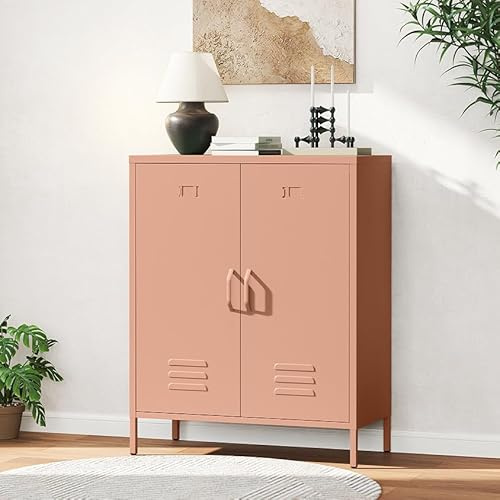 WOOW DEPOT 3 Fächer Metallkommode, 100x80x38cm, Stahl Schrank Kommode mit Doppeltür, Verstellbarer Einlegeboden, Industrial Mehrzweckschrank für Wohnzimmer & Flur,Rosa