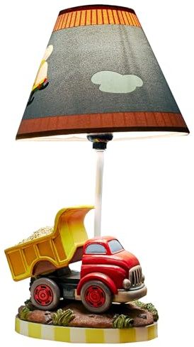 Fantasy Fields Kids Small Table Lamp, Truck Lamp, Car Lamp for Boys Room with Construction Truck Base & Helicopter Printed Shade, Transportation Themed