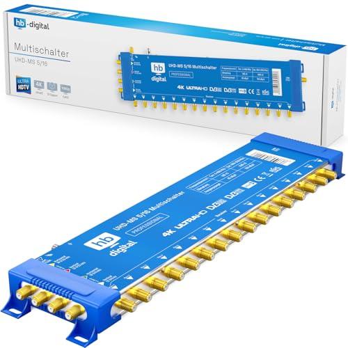 hb-digital 5/16 Multischalter mit externem Netzteil für 16 Teilnehmer und 1 Satellit – nur für Quattro LNB geeignet UHD 4K Full HD DVB-S/S2 – terrestrischer Eingang – vergoldete F-Anschlüsse