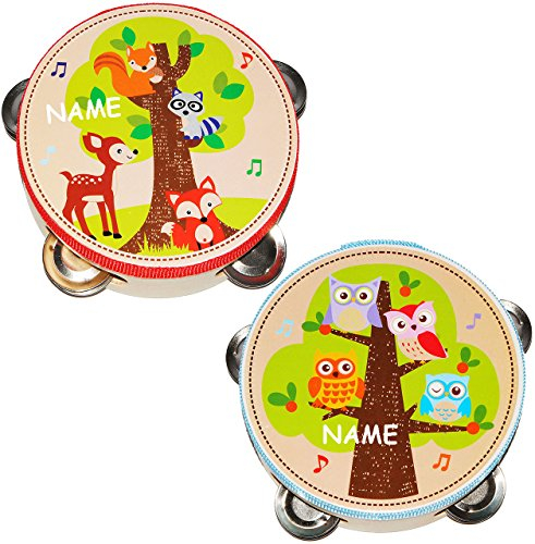 alles-meine.de GmbH 2 TLG. Set Tambourine - aus Holz - lustige Waldtiere & Eulen - incl. Name - mit Metall Schellen/für Kinder & Erwachsene - Perkussion - Tamburin - Hand..