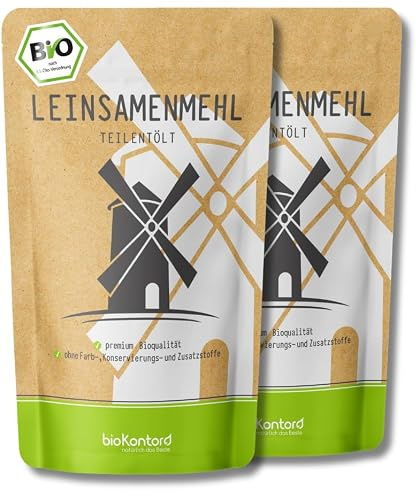 bioKontor – BIO Leinsamenmehl 1kg (2x500g) – teilentölt – fein gemahlen | Leinmehl – ballaststoffreich mit Omega-3-Fettsäuren – Leinsamen Mehl Low Carb – vielseitig für Backen Brot & Rezepte