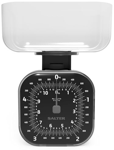 Salter 124 BKSVDR Mechanische Küchenwaage - 5kg Analog Waage, Leicht Lesbar Präzisions Anzeige, 1.3L Spülmaschinenfest Schale, Zifferblatt im Uhrenstil, Batterie-Frei, Kompakte Aufbewahrung, Schwarz