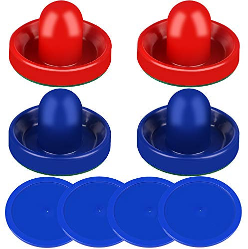 ONE250 Air Hockey Pushers und Red Air Hockey Pucks Torgriffe Paddel Zubehör für Spieltische (4 Striker, 4 Puck Pack), Blau und Rot