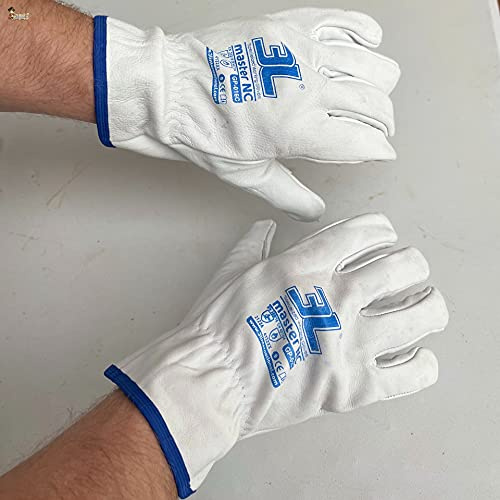 BricoLoco ¡¡¡2 Pares!!!Guantes trabajo piel cuero vacuno. Talla 9. Guantes jardín, jardinería, construcción, conductor. Blanco ribete azul. CE CAT II. (Talla 9, 2)