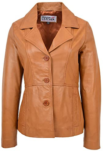 Giacca da donna in vera pelle House Of Leather, classica chiusura a bottone, blazer Ruth, Marrone chiaro, 48
