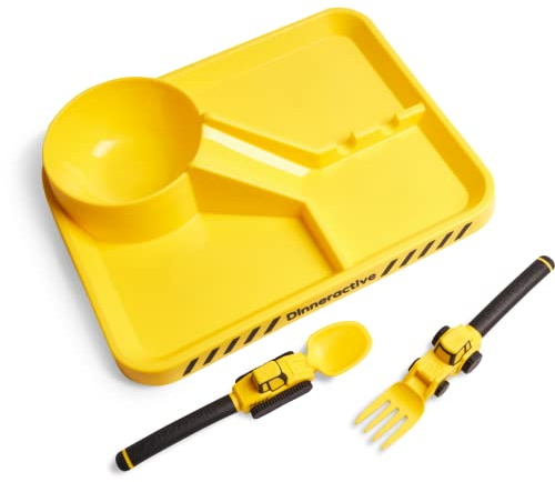 Dinneractive Set de Vajilla para Niños - Vajilla de 3 Piezas con Temática de Construcción - Cubiertos de Tractor - Platos para Niños Pequeños - Platos para Bebés