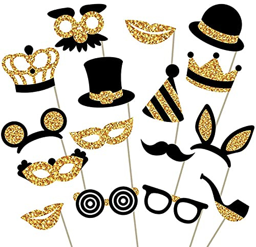 16 Stücke Party Foto Booth Props, Photo-Props Fotobox Accessoires Mix Von Kappen, Bart, Lippen Stift, Krawatte, Kronen und Mehr für Vielfalt Geburtstag Party Hochzeiten (Gold)