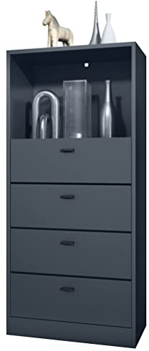 Vladon Kommode Pino V3, Made in Germany, Anrichte mit 4 Schubladen & 1 offenem Fach, Anthrazit matt/Anthrazit matt ohne LED (56 x 125 x 36 cm)