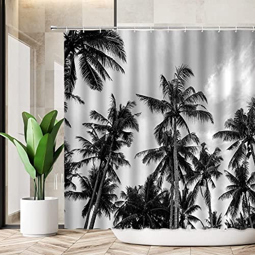 Rideau de douche motif palmier noir et blanc - Été, Hawaï, plage, paysage naturel, cocotier tropical, plante de jungle, exotique, moderne, minimaliste, rideaux en polyester avec crochets - 177,8 x