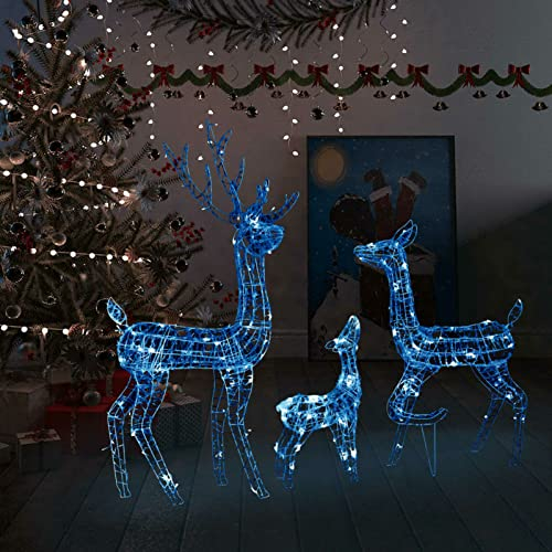 Tidyard Rentier Weihnachtsbeleuchtung, LED Rentier Familie Weihnachtsdeko, LED Leuchtfiguren Rentiere mit Schlitten, Acryl 300 LEDs Blau