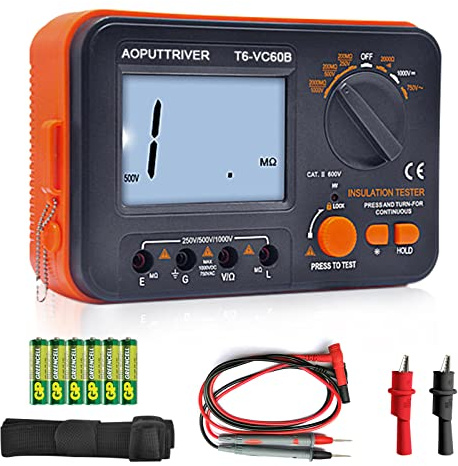 Digital Insulation Resistance Tester, 1999 Counts Megohmmeter Big LCD Display DCV ACV Megohm Meter DC250/500/1000V AC750V, 200MΩ~2000MΩ Resistance Testing with Data Hold Backlit for Motor Cables