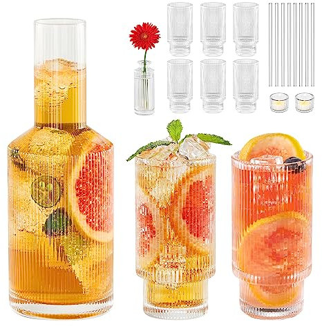 Drinking Glasses, 8 Glass Cups with Straws & Water Carafe, Ribbed Glassware, Highball Glasses, Bedside Carafe and Glass Set Kitchen Glass Pitcher and Tumblers for Drinks Ice Coffee Cups Origami Style