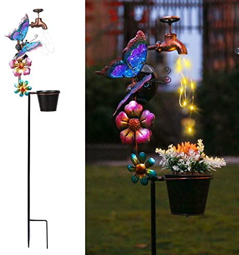 Afirst Solar Outdoor Lights Decorative - Solar Decorative Butterfly Lights Faucet Shaped Twinkling Light Garden Stake Decorations for Pathway Lawn Patio Courtyard Backyard