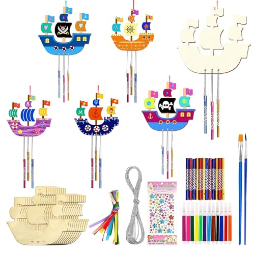 RYAN 10 Stück Piratenschiffe Windspiel Bastelset Piraten Basteln Holz Piratenschiff Bastelset Schiff Klangspiel Bastelhandwerk zum Bemalen für DIY Malen