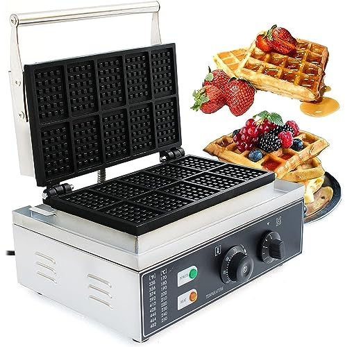 HSRG Electric Waffle Maker Machine, Commercial Electrical 10 Grid Stainless Steel Waffle Iron, 1500W Waffle Maker with Non-Stick Coating, 50~300 ℃ Adjustable Temperature and 0~5 Minute Timer