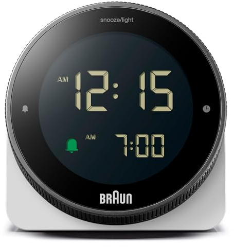 Braun Digital Alarm Clock with Snooze, Negative LCD Display, Rotating bezel for quick time setting, Crescendo Beep Alarm in White, model BC24W.