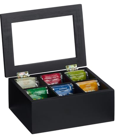 Relaxdays Scatola Porta tè e Tisane, 6 Scomparti per Capsule caffè, Cofanetto con Coperchio, 9x21,5x16 cm, bambù, Nero, 9 x 21.5 x 16 cm