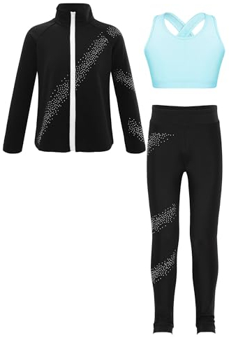 iiniim Kinder Mädchen Trainingsanzug Eiskunstlauf Anzug Glitzer Strass Langarm Sweatjacke + Hose Sport Leggings Yoga Gym Eislaufen Tanzkleidung Hellblau 110-116