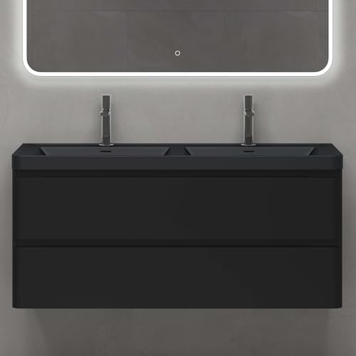 doporro Badmöbel Set Waschbecken mit Unterschrank Matt schwarz 120x48x55cm | Wandhängendes Badmöbel-Set mit Mineralguss-Waschbecken, LED-Spiegel – elegant & pflegeleicht für moderne Bäder Lucca
