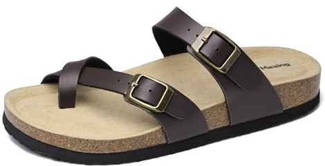 Mesing Sandalias Chanclas Mujer Hombre de Corcho Verano Tangas Mules Plana Hebilla Sandalias de Pala Cómodo Piel de Ante Pantuflas XZ901-Brown-EU39