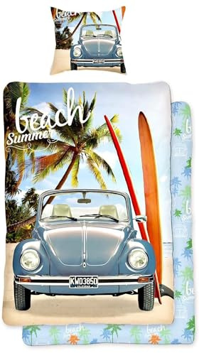 BERONAGE VW Volkswagen Käfer Bettwäsche Blau 135 cm x 200 cm + 80 cm x 80 cm 100% Baumwolle Renforcé-Linon-Qualität Oldtimer Retro Bulli Camper Van New Beetle T1 mit Reißverschluss Deutsche Größe 005