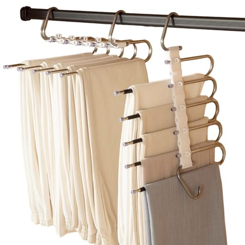 DAJAVE 3 Pezzi Grucce Salvaspazio 5 in 1 per Pantaloni, Acciaio Inossidabile Grucce Pantaloni 5 in 1, Antiscivolo Appendiabiti per Pantaloni Magici, Organizzazione Ottimale per il tuo Armadio